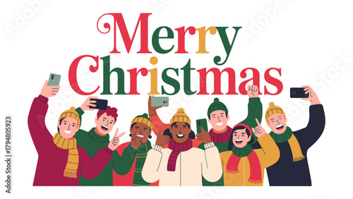 Merry Christmas Moments: A festive gathering of friends and family, capturing the spirit of the season through joyful selfies, framed by colorful winter accessories.