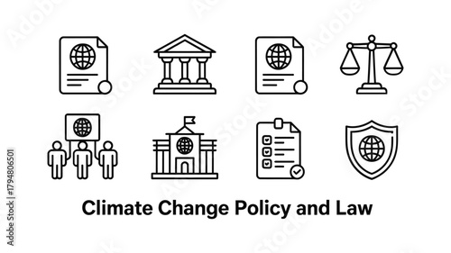 Climate change policy and law icons representing global governance and justice