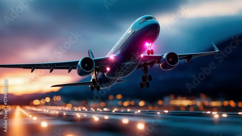 Commercial airplane descending on runway at sunset with glowing lights and motion blur effect