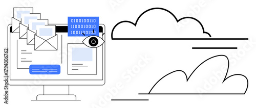 Monitor displaying email and binary codes with an eye symbol, connected to clouds. Ideal for data security, cloud storage, digital transformation, cybersecurity, email communication, privacy