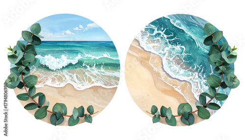 Two circular beach scenes with foliage frames. One, waves breaking; the other, aerial view
