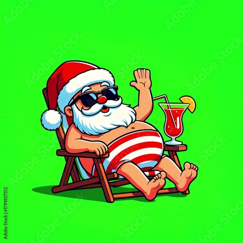 Santa Claus is relaxing on the beach and drinking a cocktail. Christmas. New Year. Green background. Animation. 4K. chroma-key