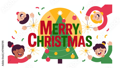 Festive cheer: Festive scene featuring a Christmas tree, sparkling sparklers, and joyful figures exuding the essence of the season. Merry Christmas is written. Capturing the spirit of togetherness.