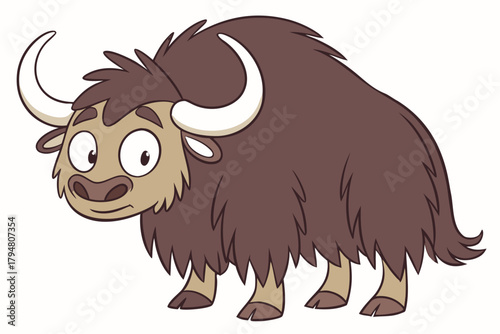 Cartoon yak with large horns and fluffy brown fur standing on a white background