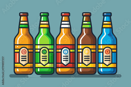 Five colorful beer bottles standing in a row on a blue background illustration