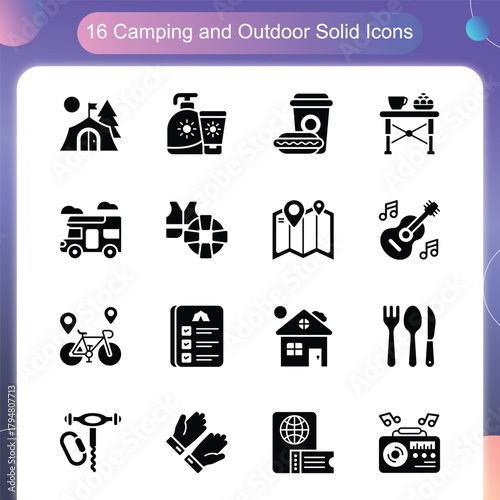 Camping Outdoor Icons – Solid Style Set 2