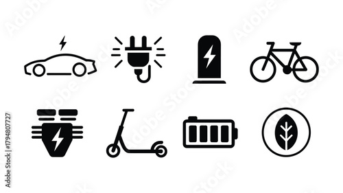 Collection of electric vehicle and sustainable transport icons