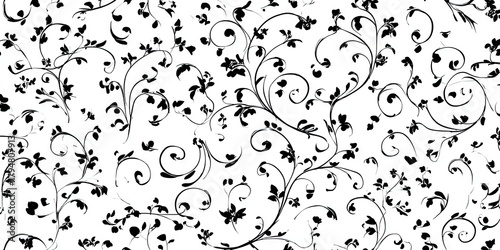 Black floral vines and foliage scattered on white background