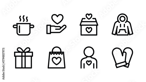 Set of charitable giving and donation icons with hearts