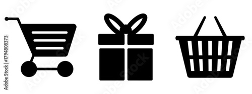 Black Friday Shopping Icons Set – Black Cart, Gift Box, and Basket Symbols – Minimalist E-Commerce Vector Graphics for Sale Promotions, Holiday Discounts, Retail Offers, and Online Store Marketing