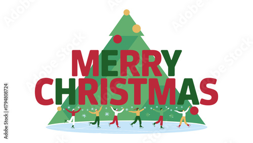 Christmas Cheer: Vibrant graphic, Merry Christmas message, embraces the festive spirit with dancing figures joyously encircling a Christmas tree.