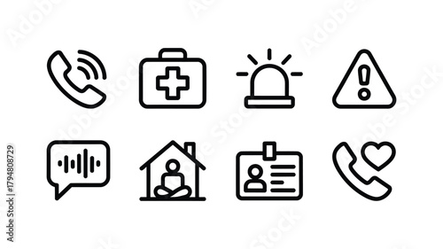 Set of emergency and safety icons for communication and health