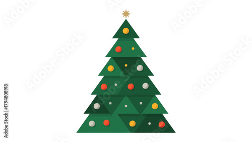 Festive evergreen: An evergreen tree, adorned with colorful ornaments and a star, stands as a symbol of joy and celebration, capturing the warmth and spirit of the holiday season.