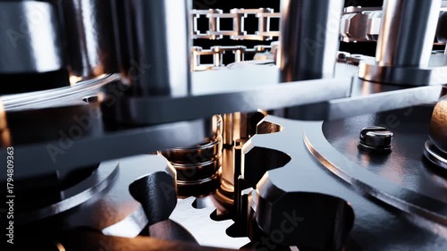 Intricate clockwork mechanism with metallic gears and cogs rotating, showcasing industrial precision and engineering