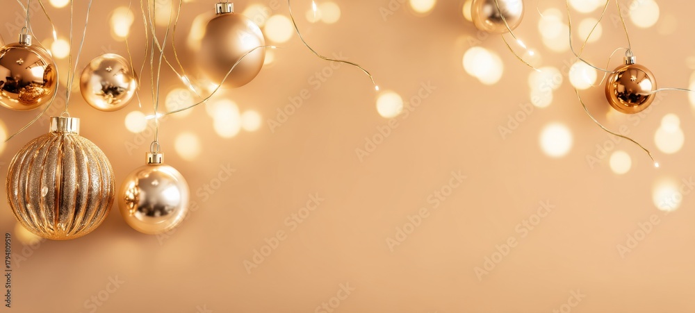 Obraz premium Elegant Christmas background with gold ornaments on warm light-gold and champagne backdrop, soft reflective lighting, high-resolution photography, premium quality, ample space for headline text, ultra