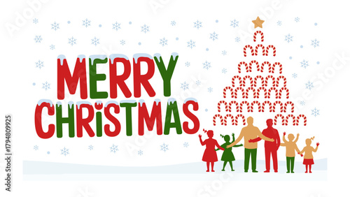 Merry Christmas Celebration: Festive scene depicting the holiday spirit with seasonal elements such as text, tree shape candy canes and silhouettes people. and evoking feelings of joy.