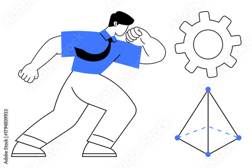 Confident person moving forward, accompanied by a gear and a geometric structure. Ideal for career growth, strategy, progress, innovation, teamwork, analytics goal setting. Simple flat metaphor
