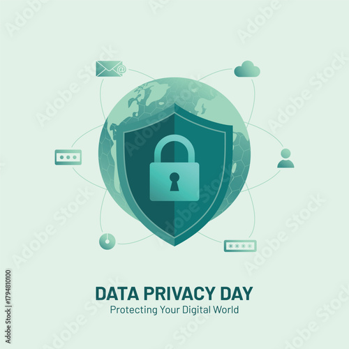 Shield lock illustration with globe for data privacy day