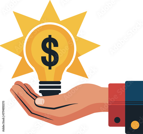 Creative dollar light bulb with bright rays held in open human hand representing financial growth and investment idea