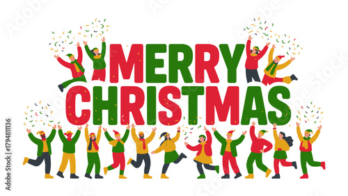 Holiday Cheer Unleashed: A festive gathering of diverse individuals joyfully celebrates the holidays, showering the air with confetti as Merry Christmas boldly proclaims the spirit of the season. 