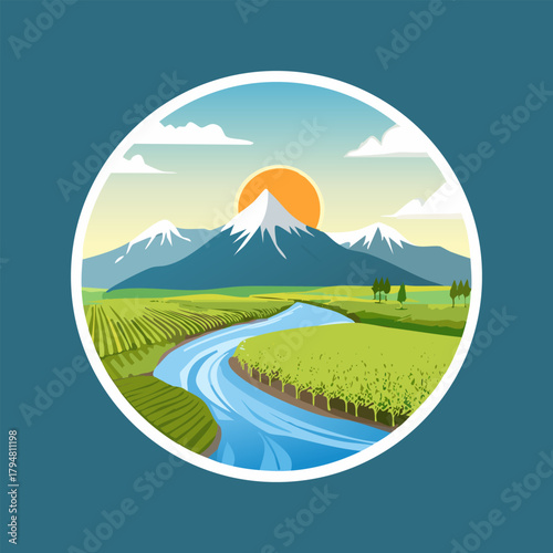 Stunning mountain landscape with vibrant river and sunlit fields for scenic backgrounds and logo