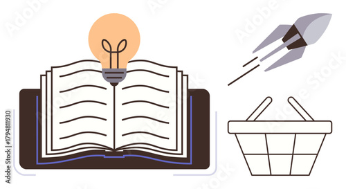 Open book with glowing light bulb representing knowledge and ideas, shopping basket for choices, rocket for progress and ambition. Ideal for learning, creativity, innovation, trade, growth