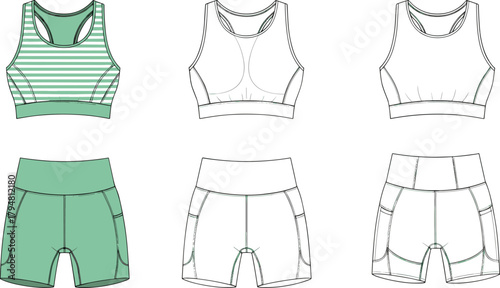 Women’s sports bra and shorts technical flat sketch, front and back views, vector activewear fashion template, fitness apparel illustration, seamless clothing design, white background
