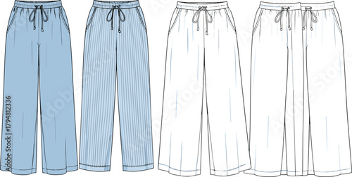 Women’s pajama pants technical flat sketch, cropped length drawstring trousers, front and back views, relaxed loungewear fashion design, vector apparel illustration, white background