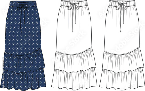 Women’s tiered ruffle skirt vector fashion flat, polka dot pattern design illustration, stylish midi skirt template front and back technical drawing
