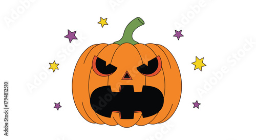 Spooky jack o lantern with glowing eyes and a mischievous grin surrounded by colorful stars.
