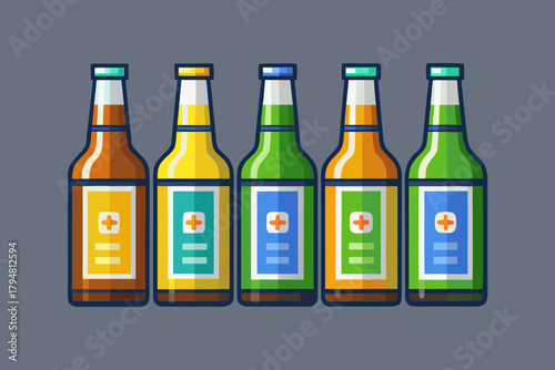 Five colorful beer bottles stand in a row on a gray background in flat style
