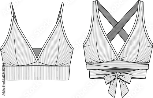 Women’s wrap bralette vector fashion flat, cross back lingerie top design, stylish elastic strap bra illustration, front and back technical sketch template
