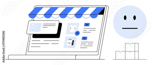 Open laptop with blue storefront, product details, shopping cart, and discount badge. Neutral face and stack of delivery boxes beside. Ideal for e-commerce, online shopping, retail, web design