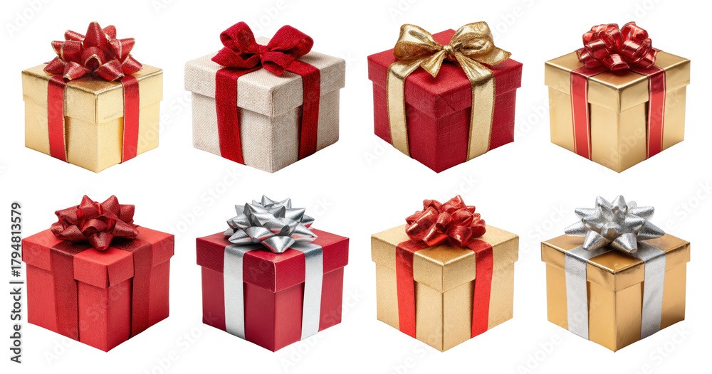 Fototapeta premium PNG Colorful festive gift boxes, element set on transparent background