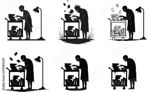 Zombie librarian working late at night with cart full of books, creepy undead reading concept, horror education vector illustration for Halloween theme