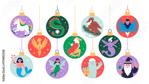 Festive Ornaments: A charming array of hanging ornaments, each adorned with a unique creature and holiday motif, bringing a touch of whimsy and enchantment.