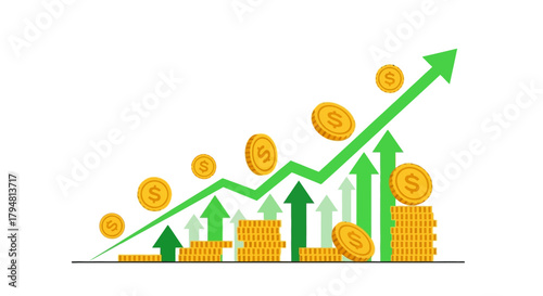 Financial growth represented by coins and an upward trending arrow.