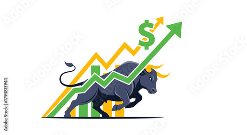 Bull Market Growth Chart with Upward Trend and Dollar Sign.