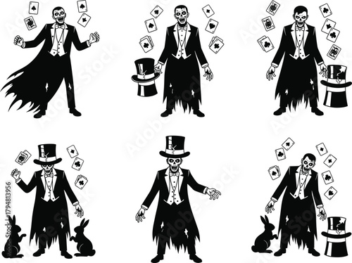 Zombie magician performing dark illusion tricks with cards and rabbits, creepy undead Halloween magic vector illustration, horror skeleton character art concept design