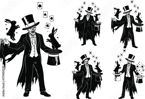 Zombie magician performing dark magic tricks with cards and rabbit, spooky skeleton illusionist vector illustration, Halloween horror design for poster and apparel