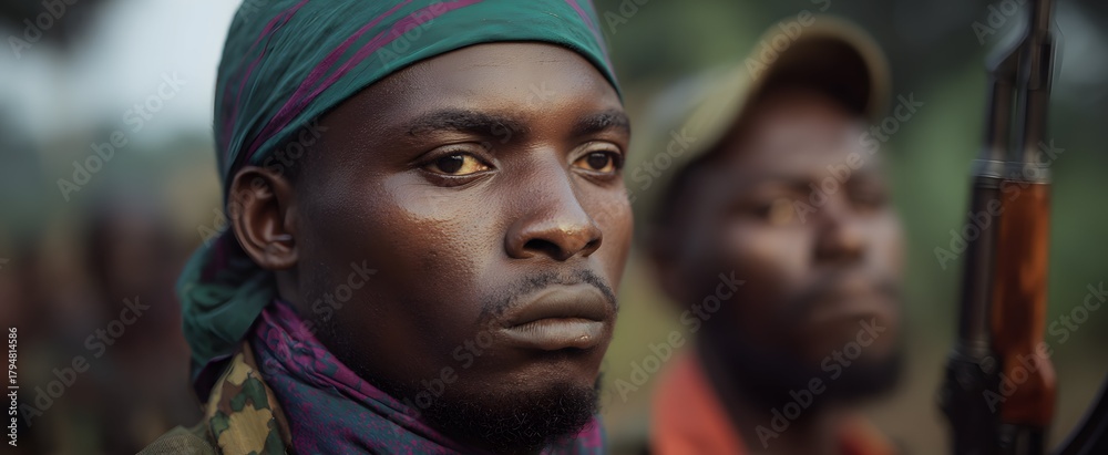 Fototapeta premium The tense confrontation between two armed groups bursts with fear and raw desperation.