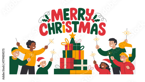 Festive Cheer: A vibrant illustration showcases a diverse group of people celebrating Christmas with glee, surrounded by gifts and sparkling lights.