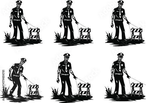 Zombie police officer holding flashlight at night, horror patrol vector illustration, creepy undead cop silhouette design for Halloween scary dark theme artwork