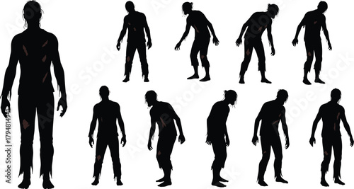 Zombie silhouette vector illustration set showing multiple walking poses with torn clothing and wounds, perfect for horror, halloween, apocalypse, and dark fantasy design concepts