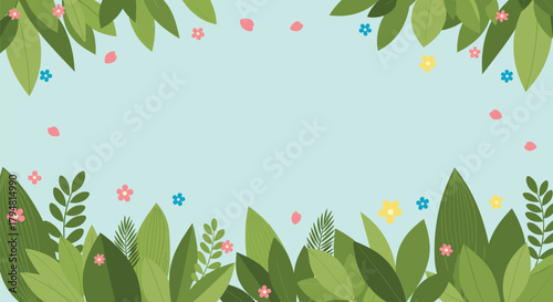 A delightful springtime scene with lush green foliage and scattered colorful blossoms. It is a bright and cheerful nature background.