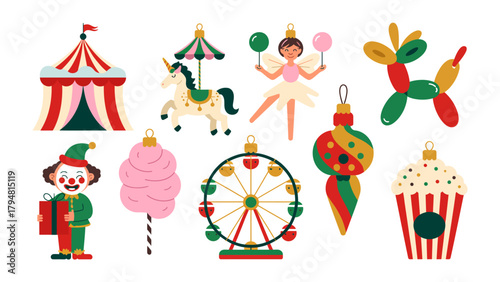 Whimsical Carnival Elements: A vibrant illustration showcasing a collection of joyful circus and carnival elements, each radiating the enchantment of festive fun.