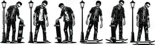 Zombie skateboarders standing under street lamps, creepy undead skater illustration, dark gothic horror vector art, Halloween spooky urban character design for poster