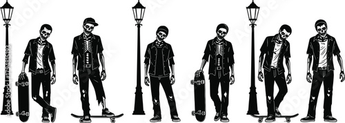 Zombie skateboarders standing near street lamps, wearing casual urban clothes, dark gothic vector illustration for Halloween horror, spooky street art design concept