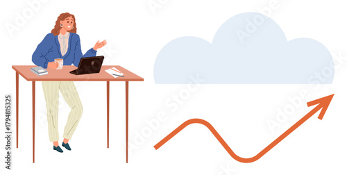 Woman at desk with laptop, discussing growth. Cloud and rising arrow suggest analytics, improvement, development. Ideal for business, strategy, innovation, technology teamwork success progress