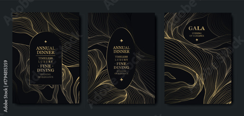 Premium gold background card design, elegant wave lines, abstract patterns, VIP aesthetic, luxury gala invitations. Modern vector template, dark geometric frame for events, invitations